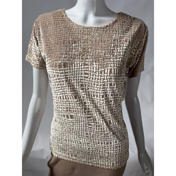 Barami Womens M Short-Sleeve Textured Top Beige Cream Woven Pattern Rayon/Polyes - Picture 1 of 15